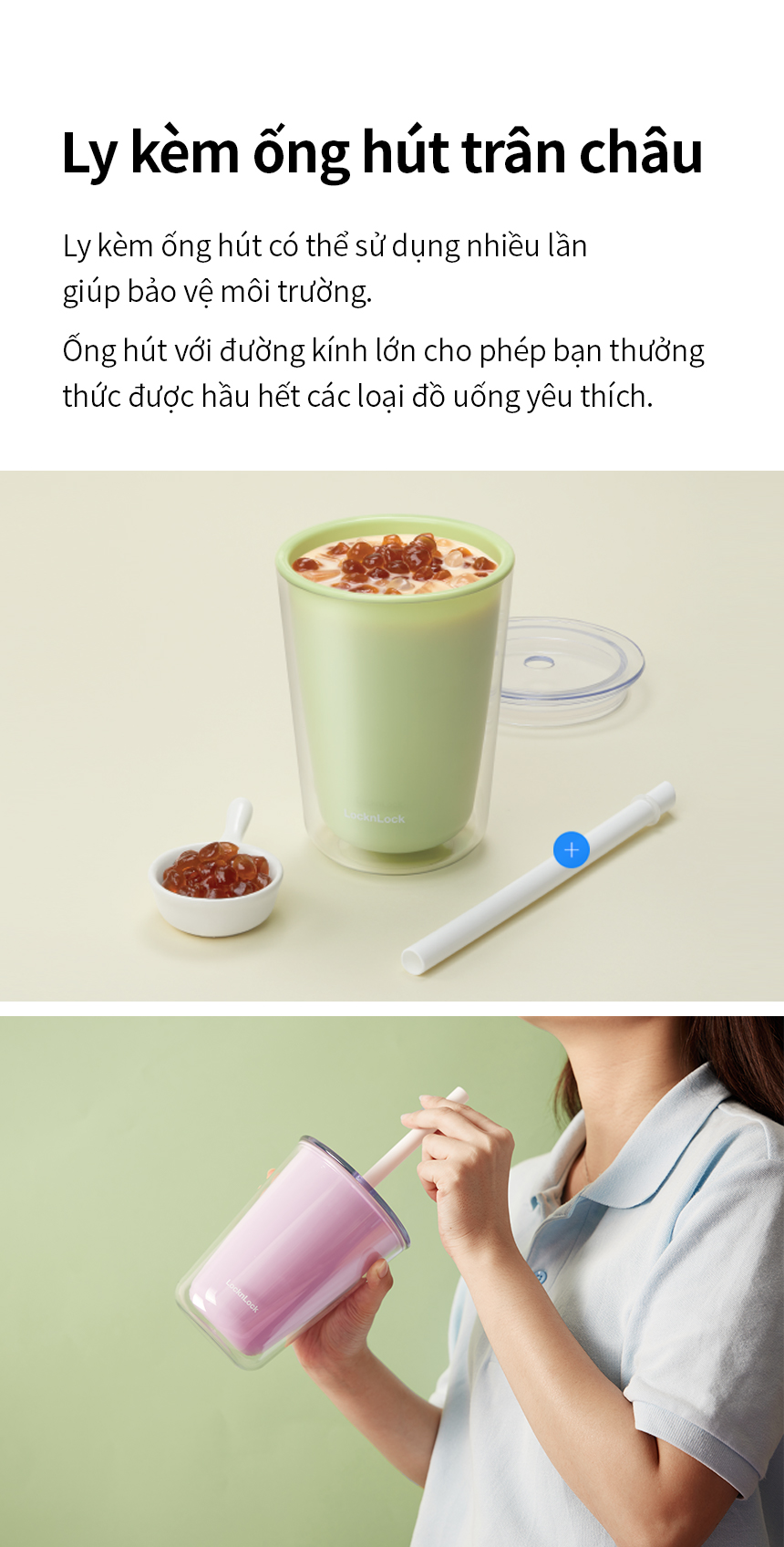 Ly nhựa 2 lớp LocknLock Bubble Tea Cold Cup màu xanh lá HAP529GRN 720ml, Hàng chính hãng, kèm ống hút trân châu - JoyMall