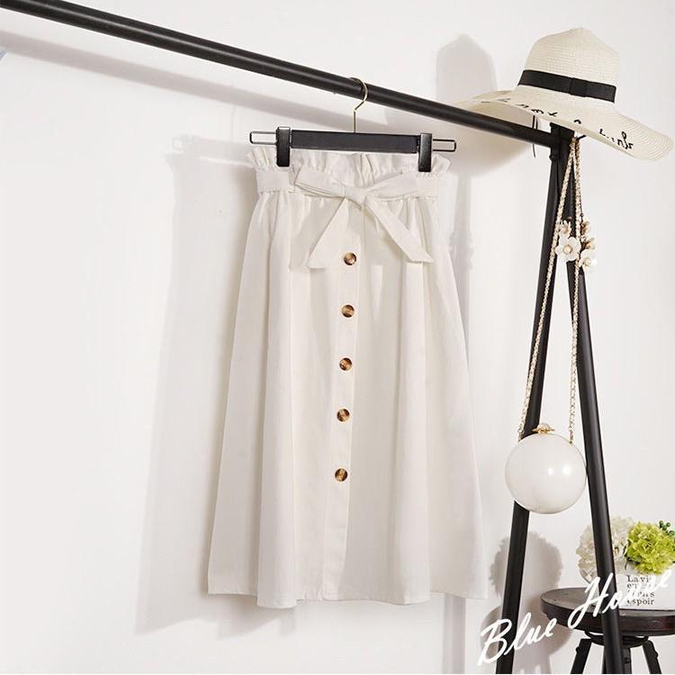 Chân Váy Midi Nữ Kaki Nơ Eo Viền Bèo Hàng Cúc Giữa Dáng Dài