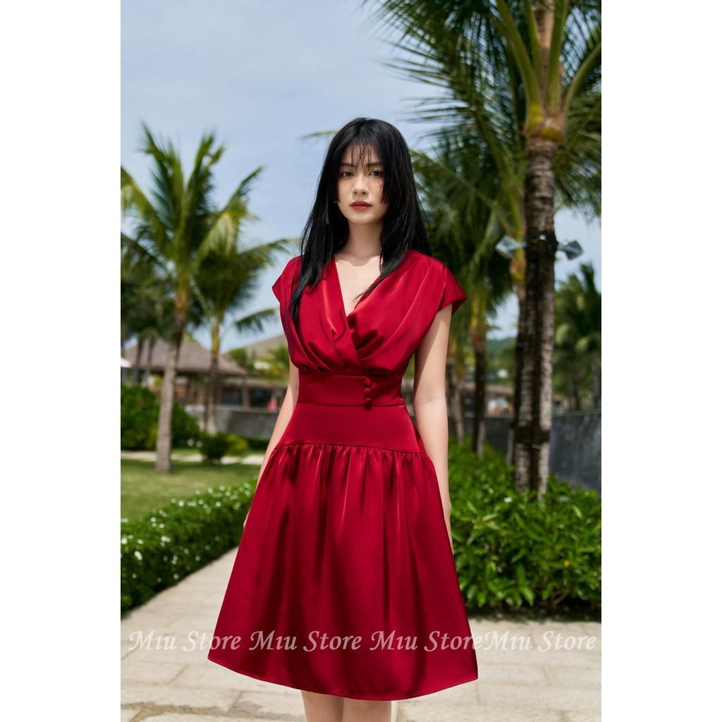D00574 - Đầm thiết kế cao cấp lụa đỏ tay chờm Miu Store