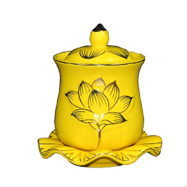 Chum ly nước có nắp khắc Hoa sen nổi có đế lá sen 8cm/9cm/10.5cm.