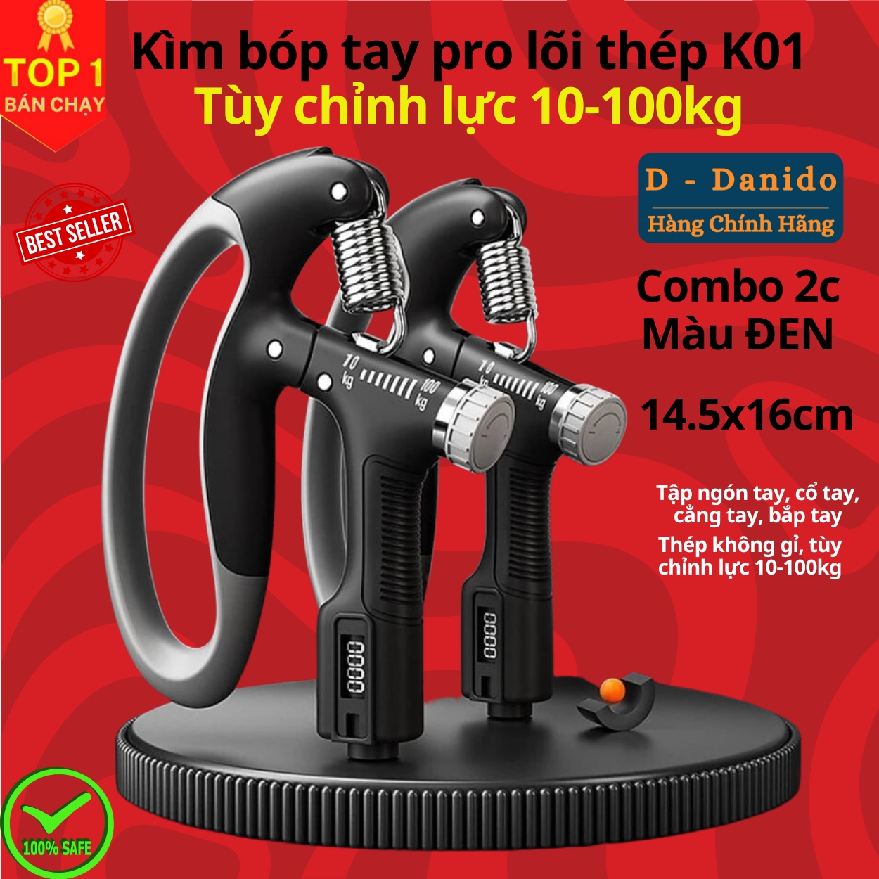 Kìm bóp tay, Kìm tập cơ tay dụng cụ tập gym tại nhà điều chỉnh lực 10-100kg có đếm số tự động D Danido