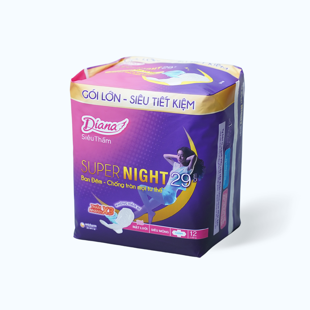 Băng vệ sinh ban đêm siêu thấm cánh Diana Supernight 29cm (12 miếng)