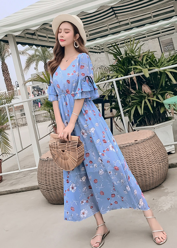 Đầm voan dài dáng xòe thướt tha, cổ tim tay lỡ điệu đà, maxi đi biển cao cấp mẫu mới nhất | MX020