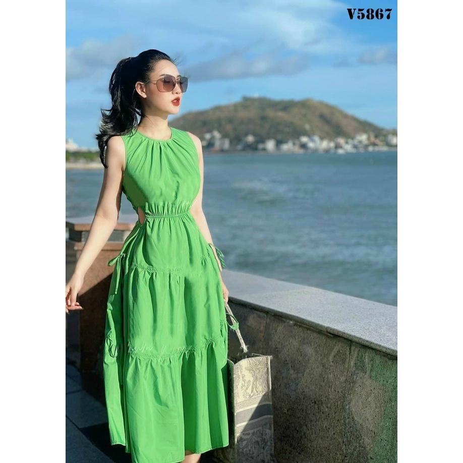 Đầm xanh lụa nhún bèo khoét eo cao cấp