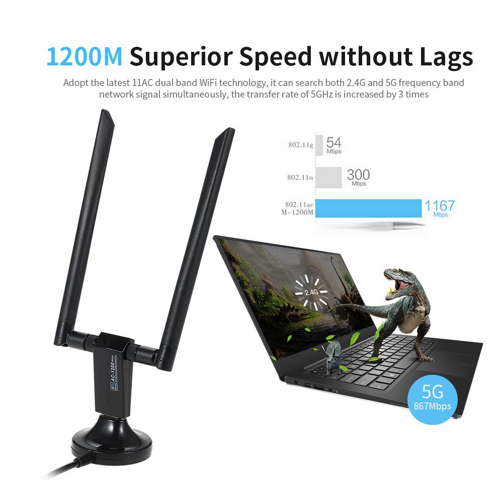 Bộ điều hợp Wifi 1200Mbps USB3.0 Bộ điều hợp không dây USB Băng tần Daul 802.11ac Ăng-ten 5dBi kép cho máy tính để bàn