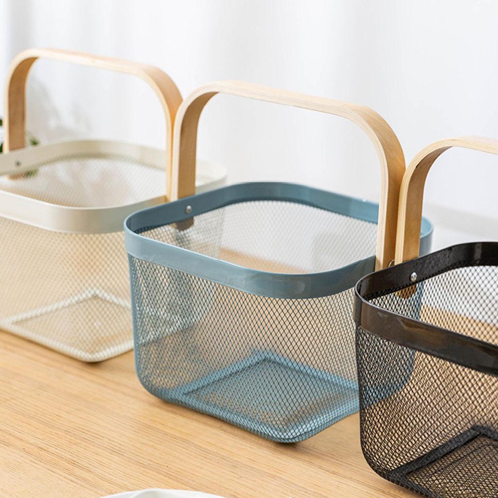 Mesh Storage Basket with Wooden Handle Vegetables Food Kitchen Organizer