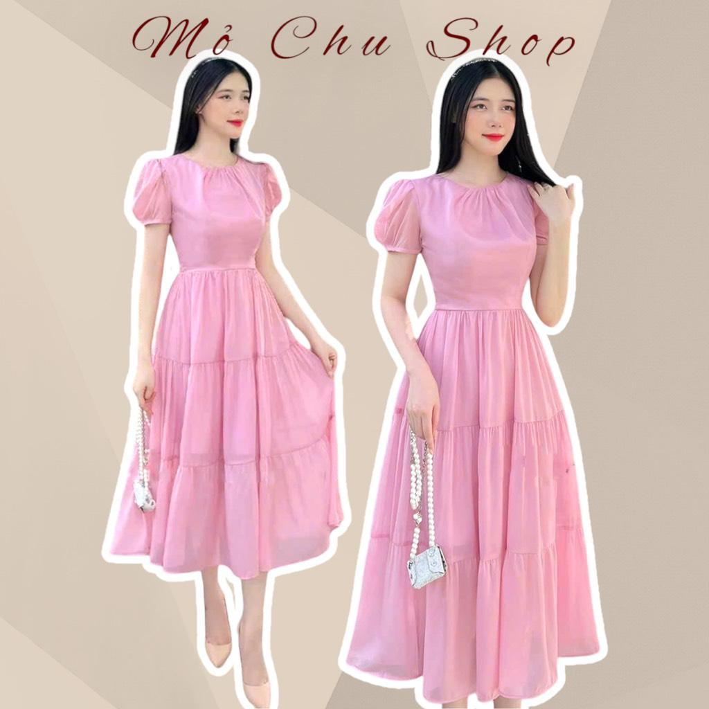 Đầm midi xòe tay phồng cổ tròn thùy mị