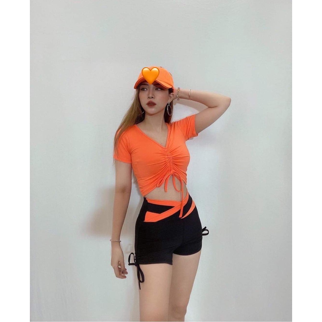 Bộ đồ tập yoga, gym nữ áo có rút dây giữa quần sooc rút dây cạp