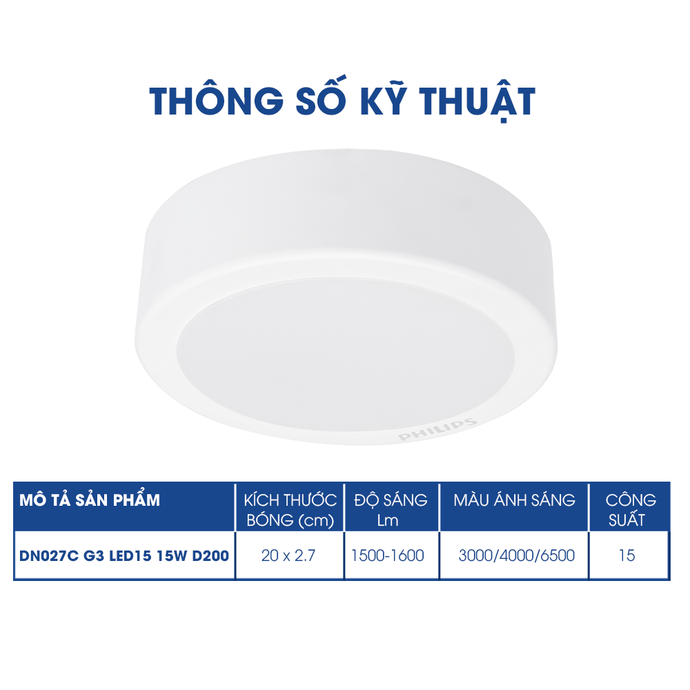 Bộ Đèn Philips LED Ốp Trần tròn lắp nổi DN027C Công suất