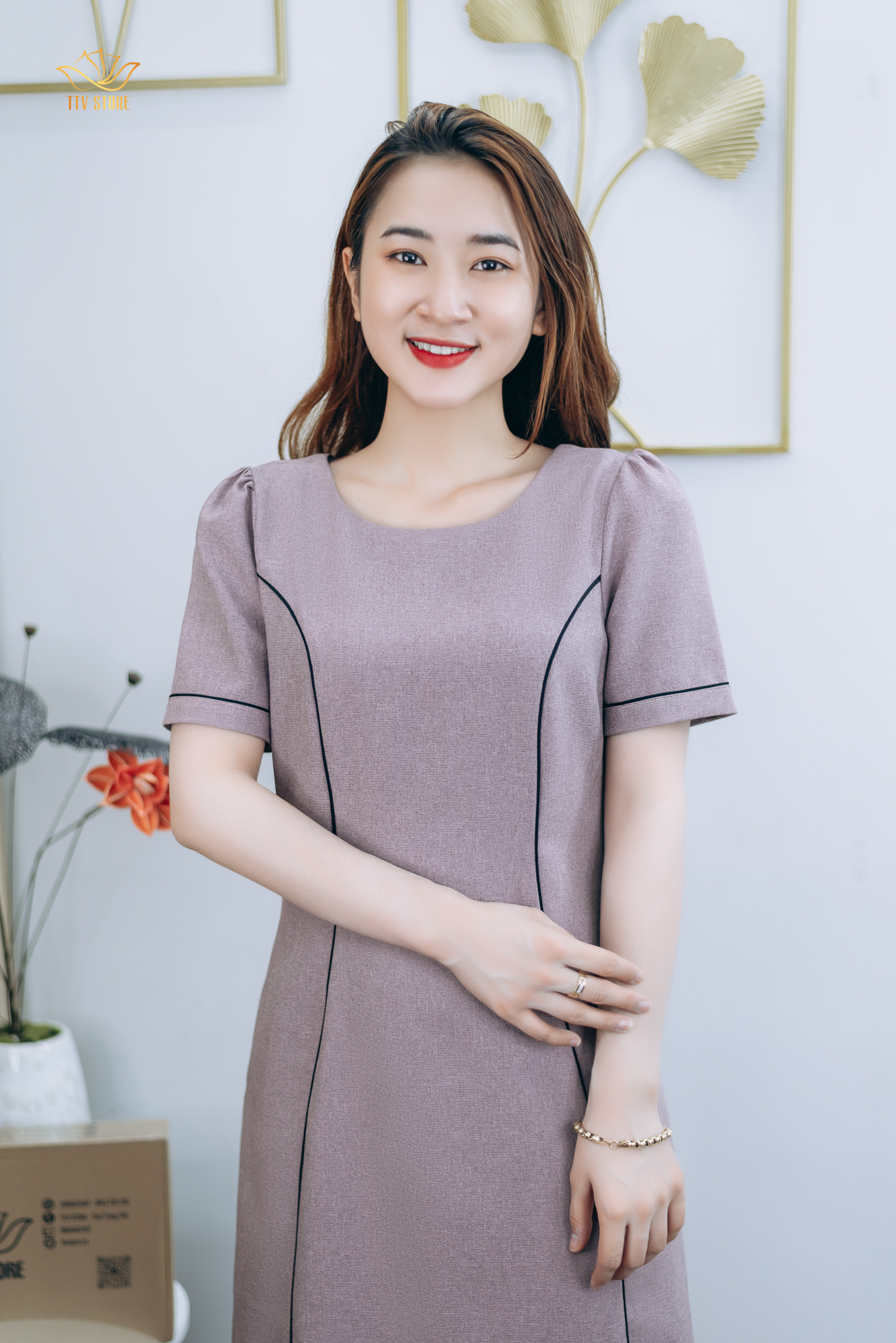 Đầm suông thiết kế trung niên cao cấp sang trọng Cổ tròn tay ngắn màu Hồng ruốc TTV STORE TTV1305