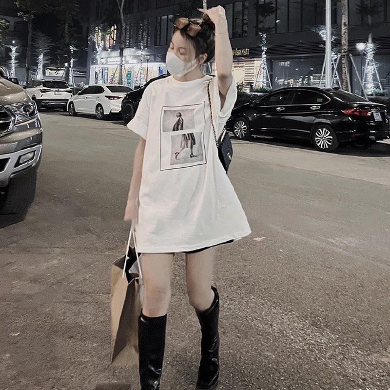 Áo Thun Nữ Tay Lỡ Unisex In Hình Cô Gái Thời Trang