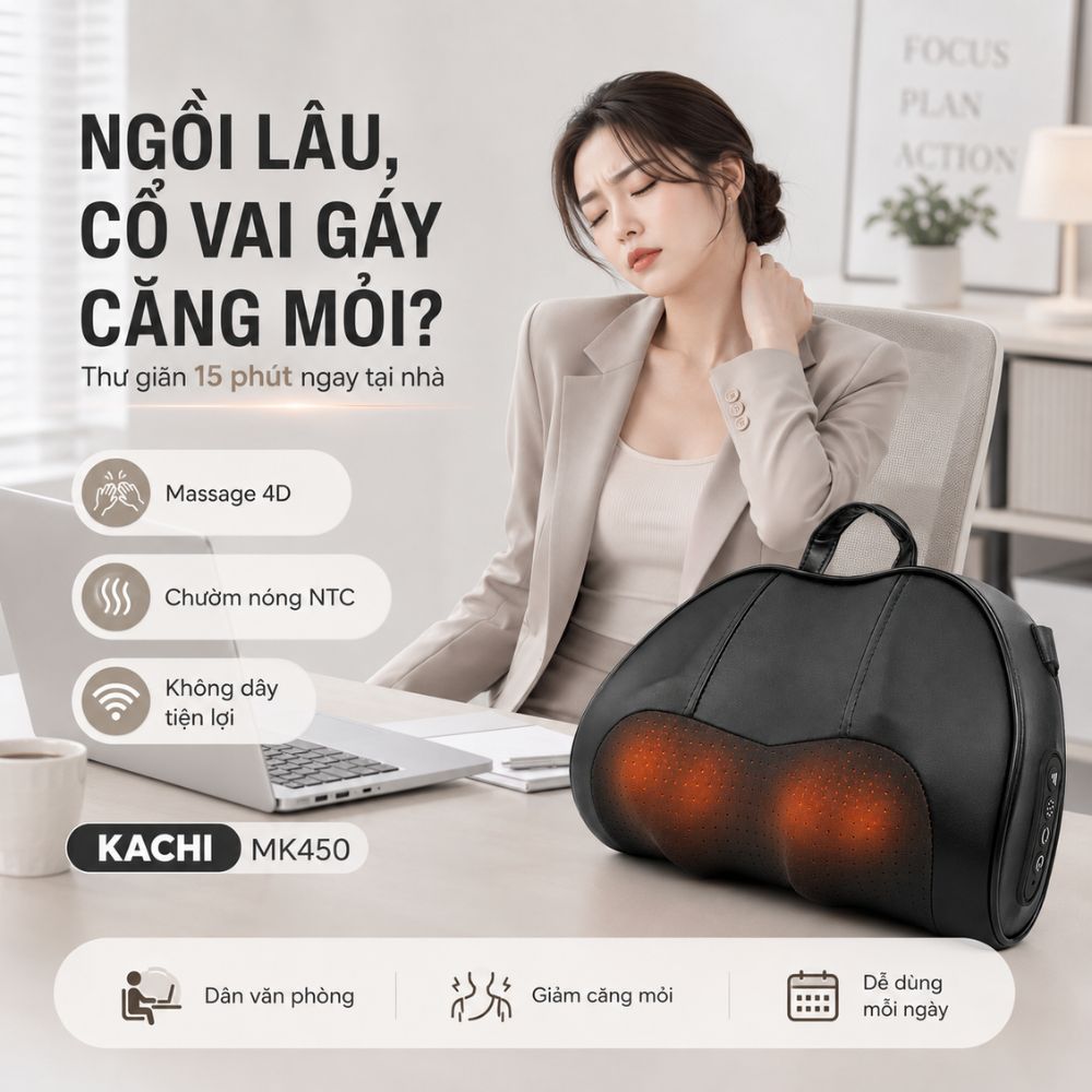 Gối Massage Cổ Vai Gáy Kachi MK450 – Công Nghệ Massage 4D Chườm Nóng - hàng chính hãng