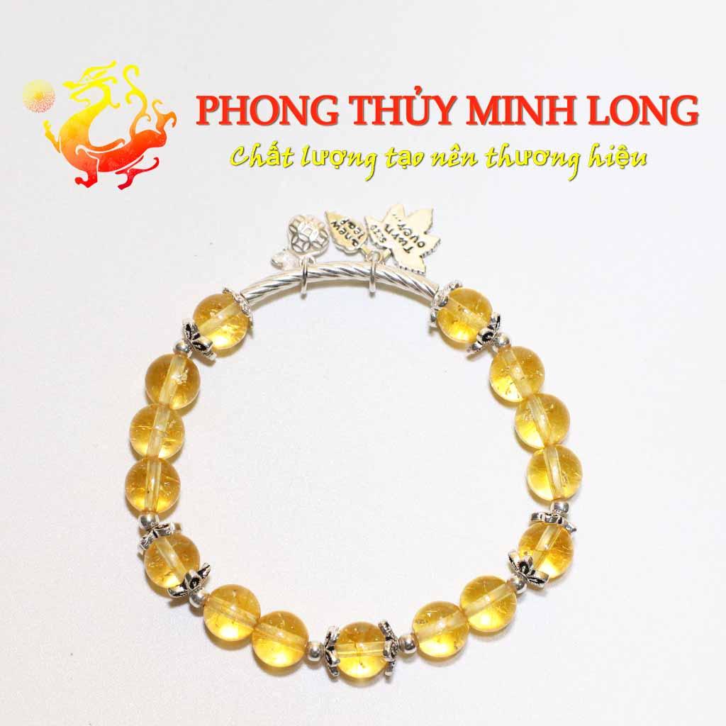 Vòng tay đá Thach Anh Vàng chất lượng 5A Mix túi tiền lá bạch dương bạc nhỏ xinh hợp mệnh Thổ và Kim