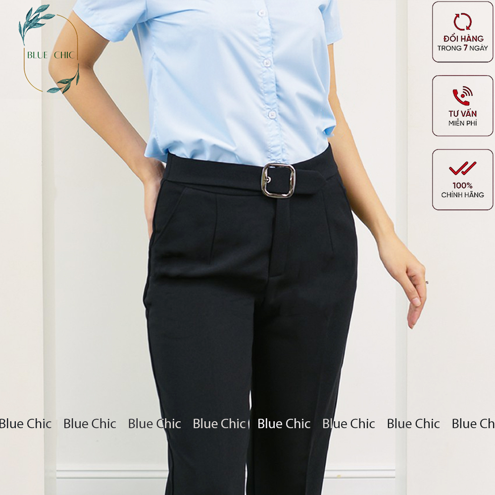 Quần baggy nữ Blue Chic cạp cao vải Vitek cao cấp đồ công sở đai ô vuông form dáng đẹp màu đen