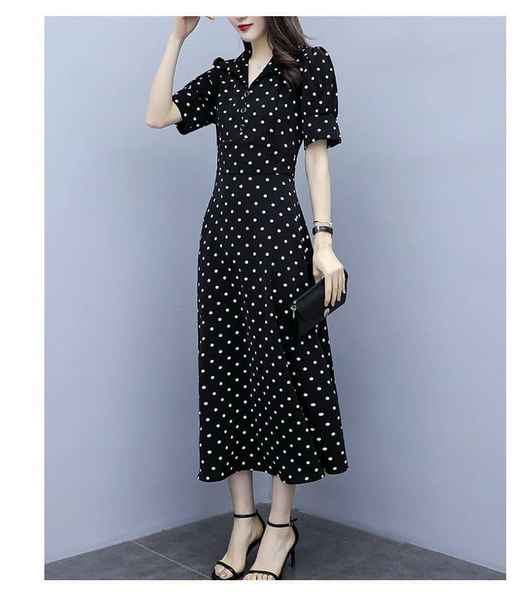 ĐẦM XOÈ CHẤM BI TAY LỠ CỔ SƠ MI