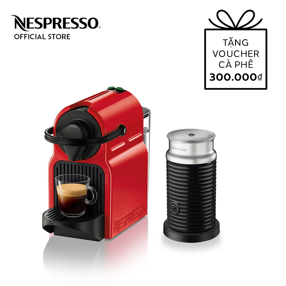 Bộ máy pha cà phê Nespresso Inissia Đỏ &amp; máy đánh sữa Aeroccino 3 - Hàng chính hãng