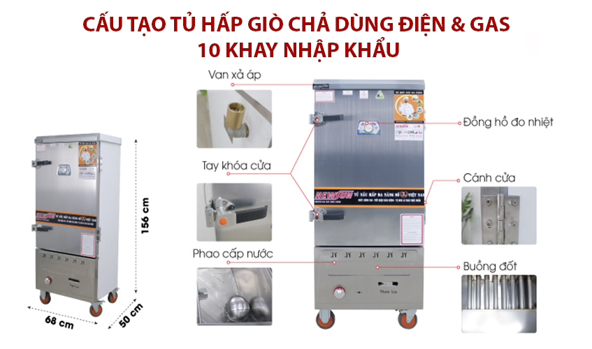 Tủ Hấp Giò Chả, Thực Phẩm 50 Kg Bằng Điện Gas 10 Khay Nhập Khẩu NEWSUN - Hàng Chính Hãng