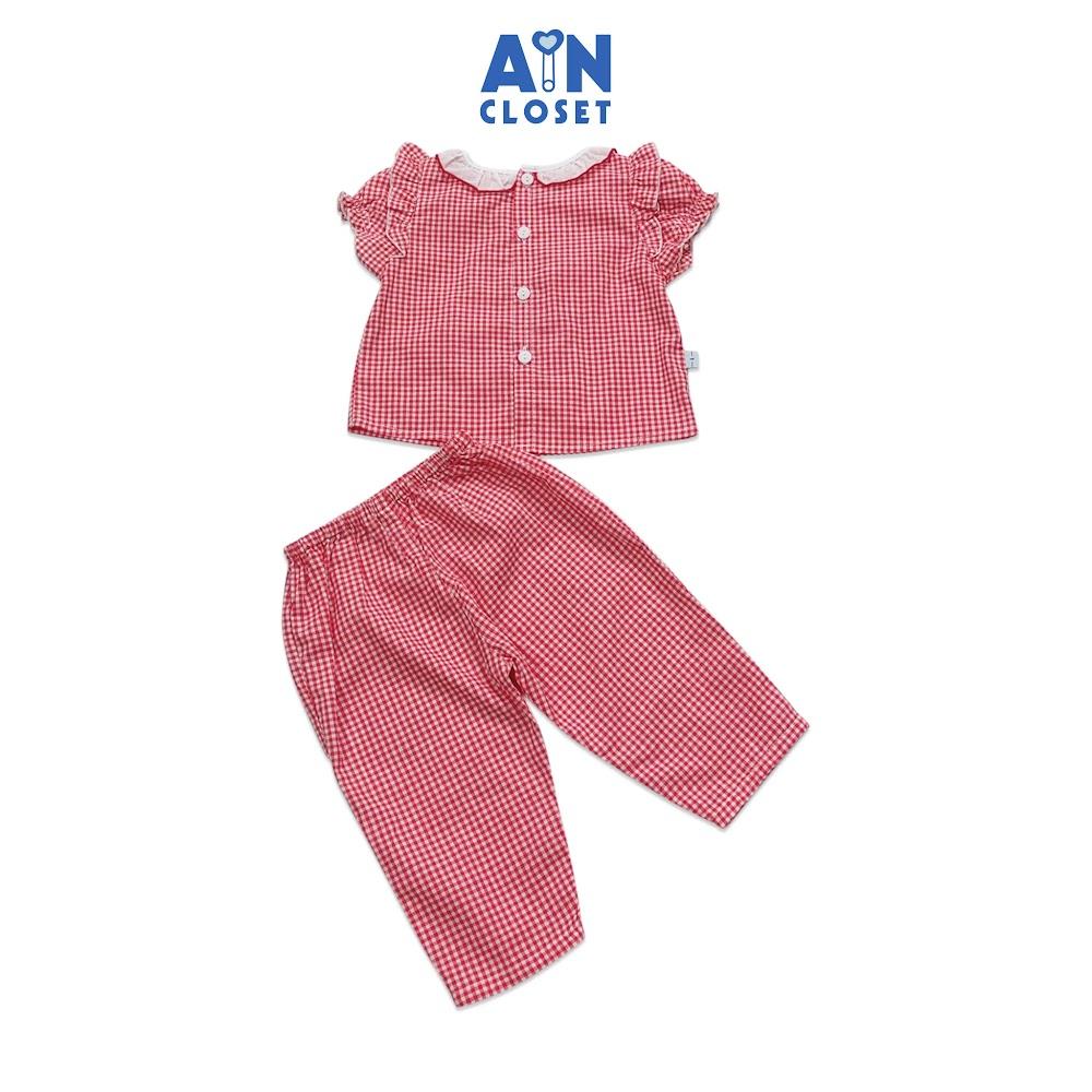 Bộ quần dài áo tay ngắn bé gái họa tiết Caro đỏ bèo cotton - AICDBGZADZBR - AIN Closet