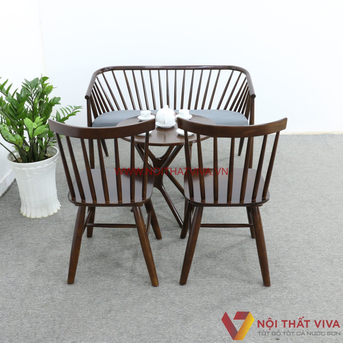 Bộ Bàn Trà Đơn Giản Ghế Nan Bọc Vải Gỗ Cao Su Màu Óc Chó Đẹp Sang Trọng