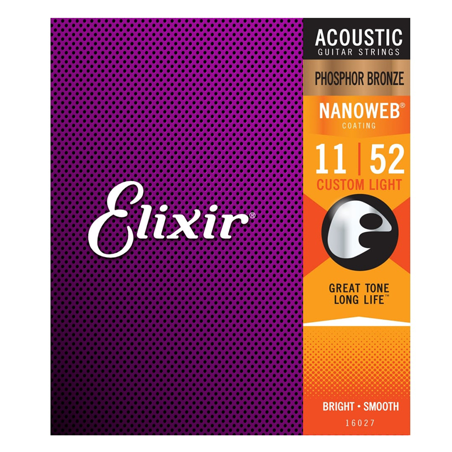 Bộ dây đàn Guitar Acoustic cao cấp/ Acoustic Guitar Strings - Elixir 16027, Bright, Smooth - Phosphor Bronze, Nanoweb Coating, Custom Light 11-52 - Hàng chính hãng