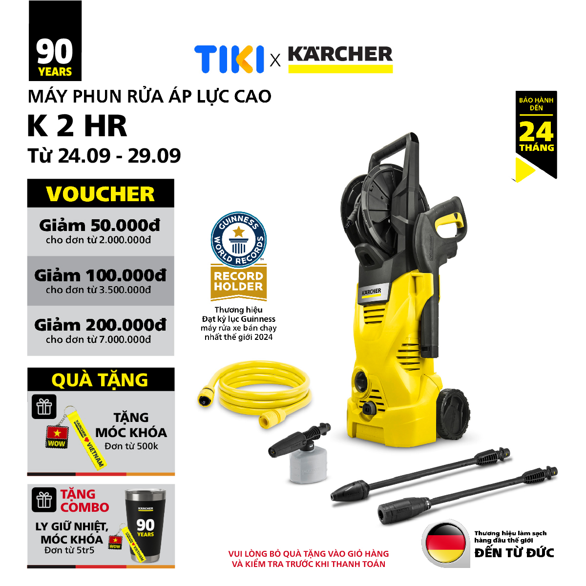 (Mới 2025) Máy phun rửa áp lực cao Karcher K 2 HR - Công suất 1400W, áp lực 110 bar phù hợp rửa xe - Bảo hành 24 tháng - Hàng Chính Hãng