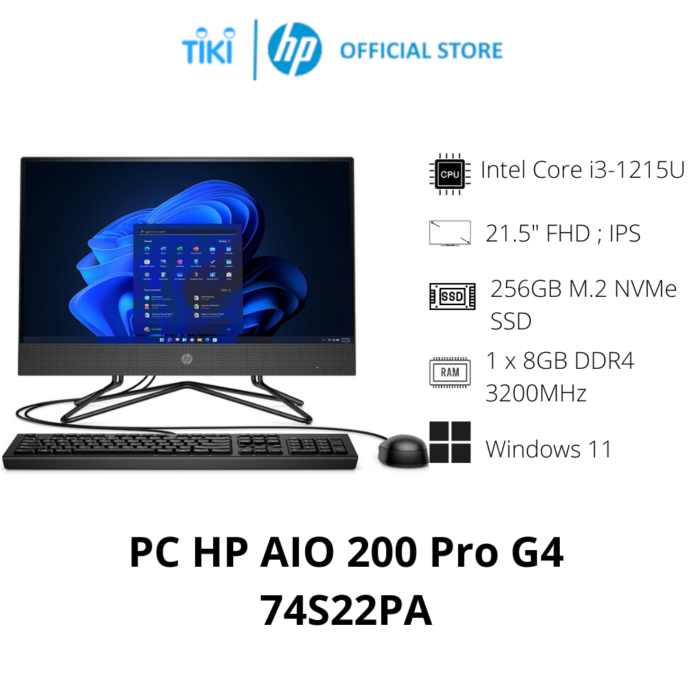 Máy tính để bàn HP AIO 200 Pro G4 74S22PA (Core i3-1215U | 8GB | 256GB | 21.5"FHD | Intel UHD | Win 11 | USB Keyboard & Mouse) - Hàng Chính Hãng