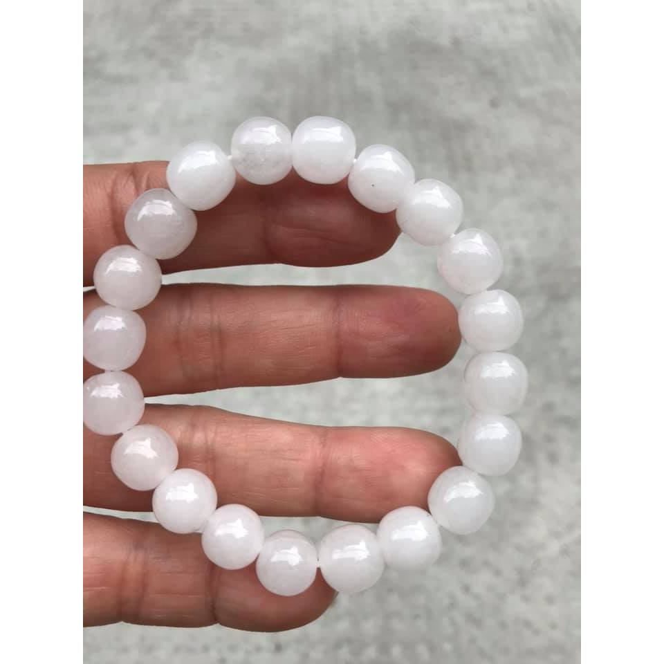 Vòng Tay Phong Thủy May Mắn Đá Ngọc Hoà Điền TRẮNG Tự Nhiên  Size 9,5mm Màu Trắng Ngọc bóng đẹp  Nữ mệnh Kim mệnh Thủy ạ