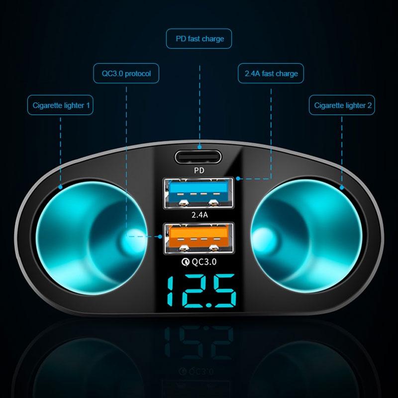 Bộ chia tẩu sạc nhanh ô tô 12/24V gồm cổng sạc nhanh usb trên oto gồm 2 nguồn tẩu, 2 cổng sạc 3.0 và Cổng Type C/PD