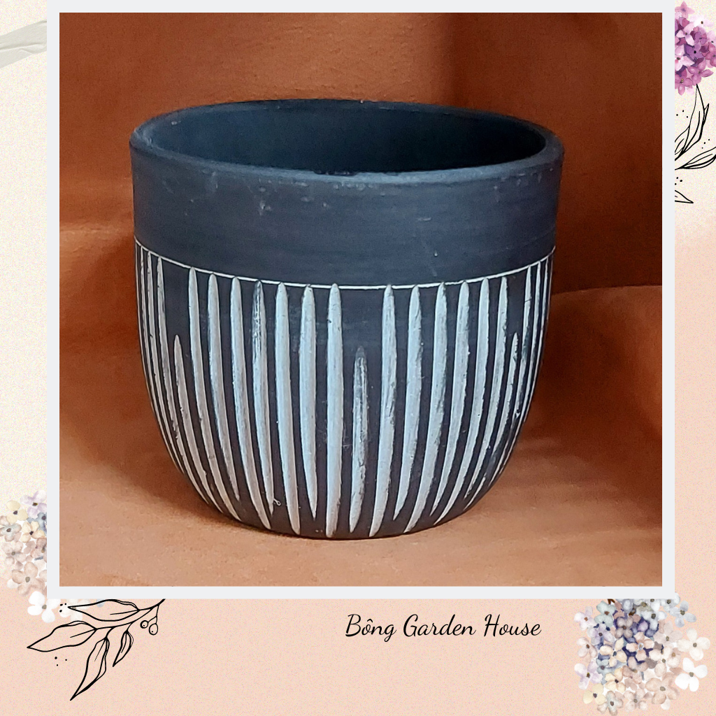 Chậu đất nung kẻ sọc Trắng Đen Bông Garden trồng cây kiểng để bàn kt miệng 14cm cao 12cm
