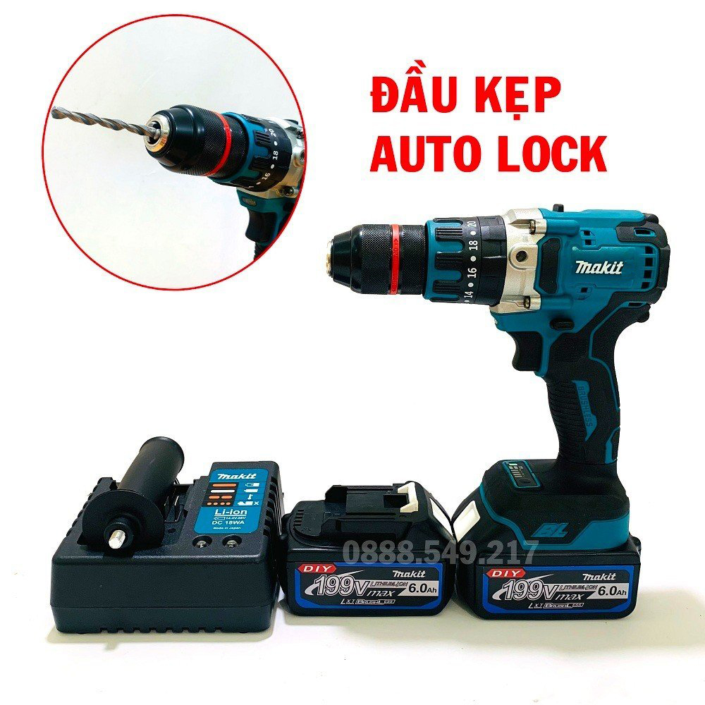 Máy Khoan Pin Chuyên Dụng Đa Chức Năng Đầu AutoLock 13 Ly Pin 10 CELL 199V Không Chổi Than Có Búa - Chuyên Khoan, Bắt Vít, Bắn tôn Cực Khỏe