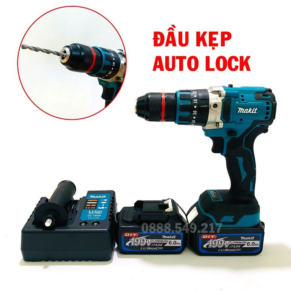 Máy Khoan Pin Chuyên Dụng Đa Chức Năng  Đầu AutoLock 13 Ly Pin 10 CELL 199V Không Chổi Than Có Búa - Chuyên Khoan, Bắt Vít, Bắn tôn Cực Khỏe