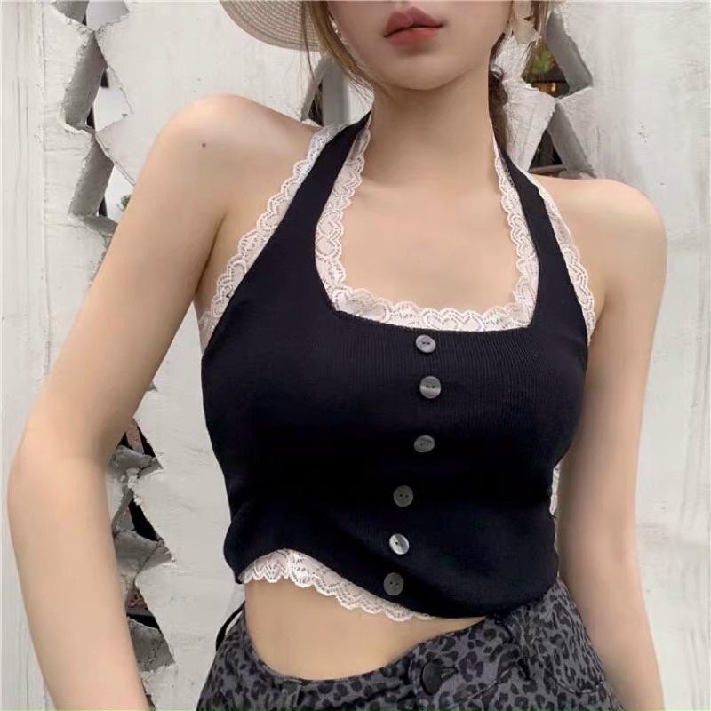 Áo len nữ dệt kim cổ yếm hở lưng croptop viền ren hàng khuy