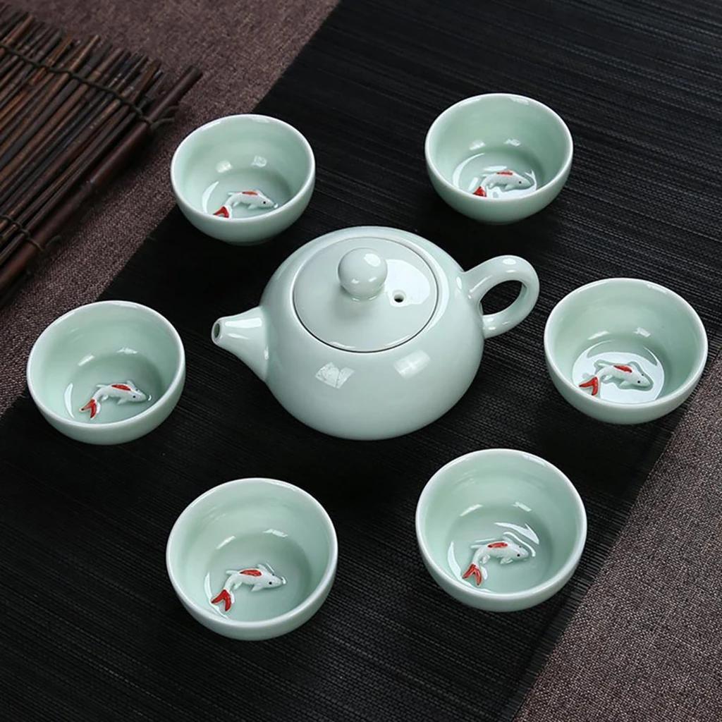 Bộ Ấm Trà Chén Ngọc 3D Hình Cá sứ cao cấp in họa tiết hình cá nổi 3D đẹp mắt