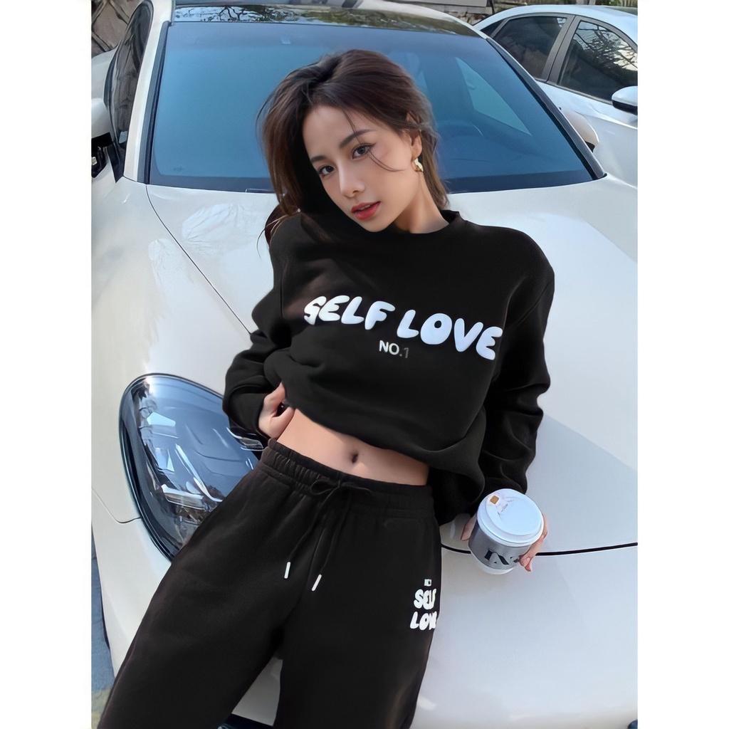 Set Áo Sweater Nỉ SELF LOVE Nữ Kèm Quần Jogger Đen