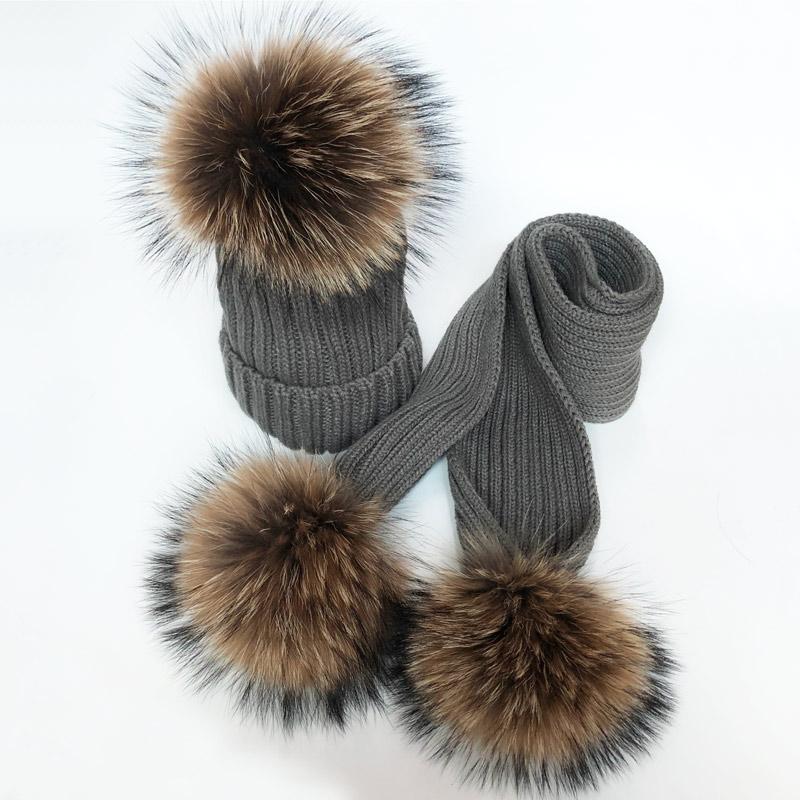 Hình Thật 2021 Gấu Trúc Lông Pompon Mùa Đông Nón Skullies Cô Gái Pom Pom Beanie Ấm Dệt Kim Bobble Lông Pompom Mũ Và Khăn bộ Trẻ Em