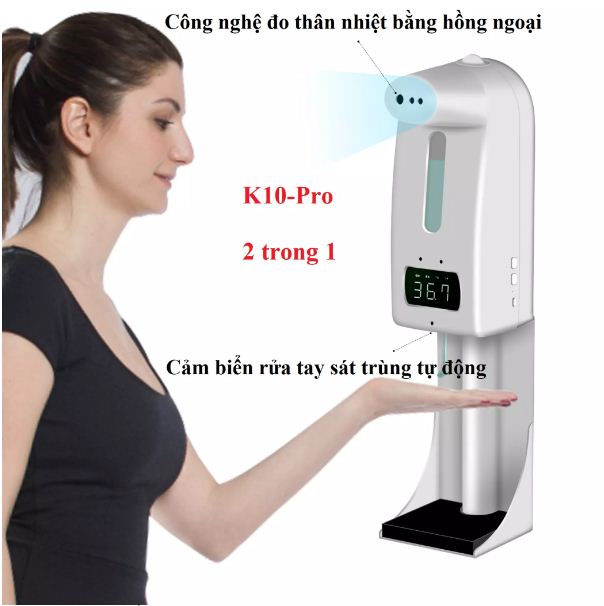 Máy đo nhiệt độ K10 pro tích hợp rửa tay tự động phun sương/nhả gel mới nhất 2021