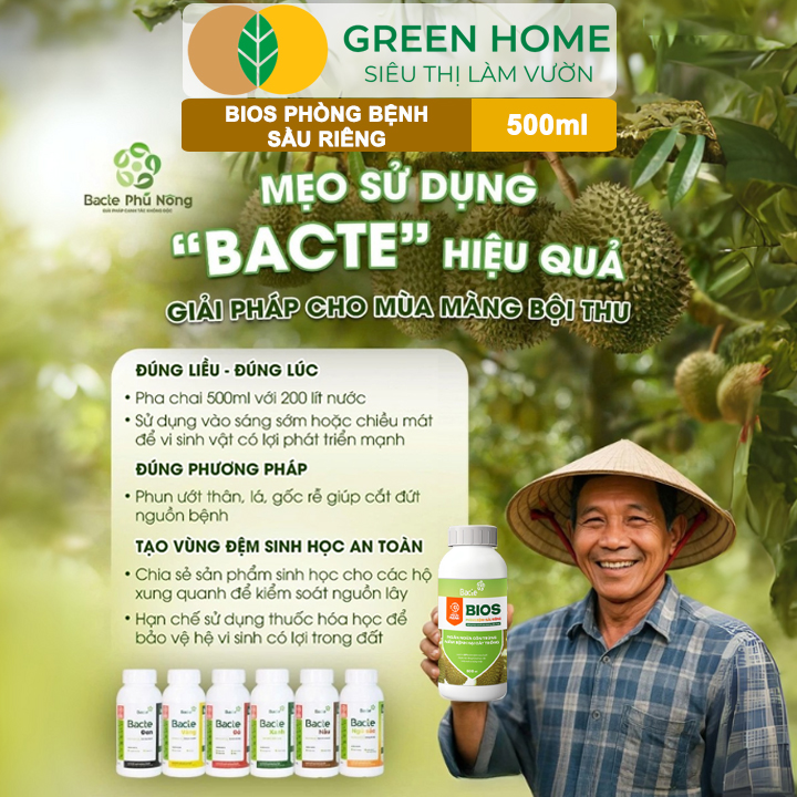 Chế Phẩm Sinh Học Bacte Bios Phòng Bệnh Sầu Riêng, Green Home, Chai 500ml, Hiệu Lực Nhanh Mạnh