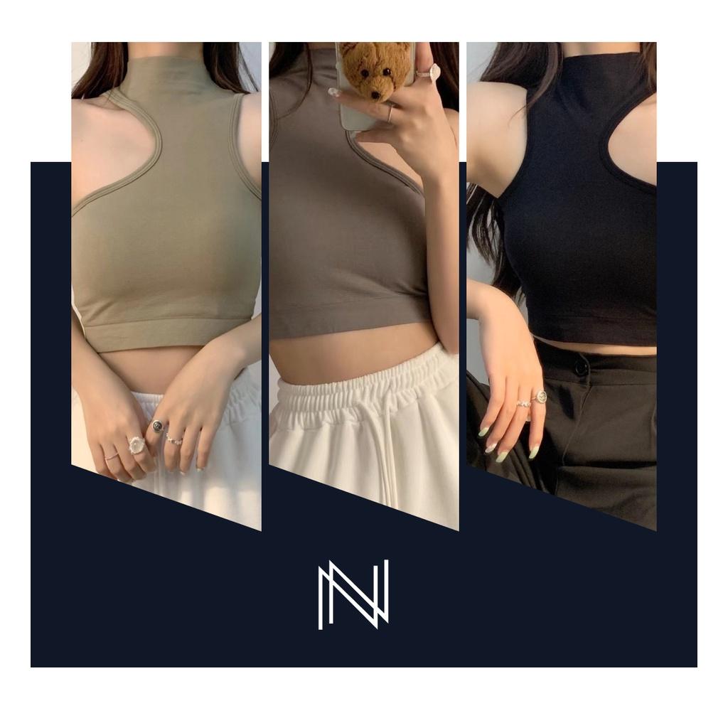 Áo croptop nữ sát nách ba lỗ thun cổ khoét không tay kiểu ôm body có mút ngực vải cotton co giãn tốt