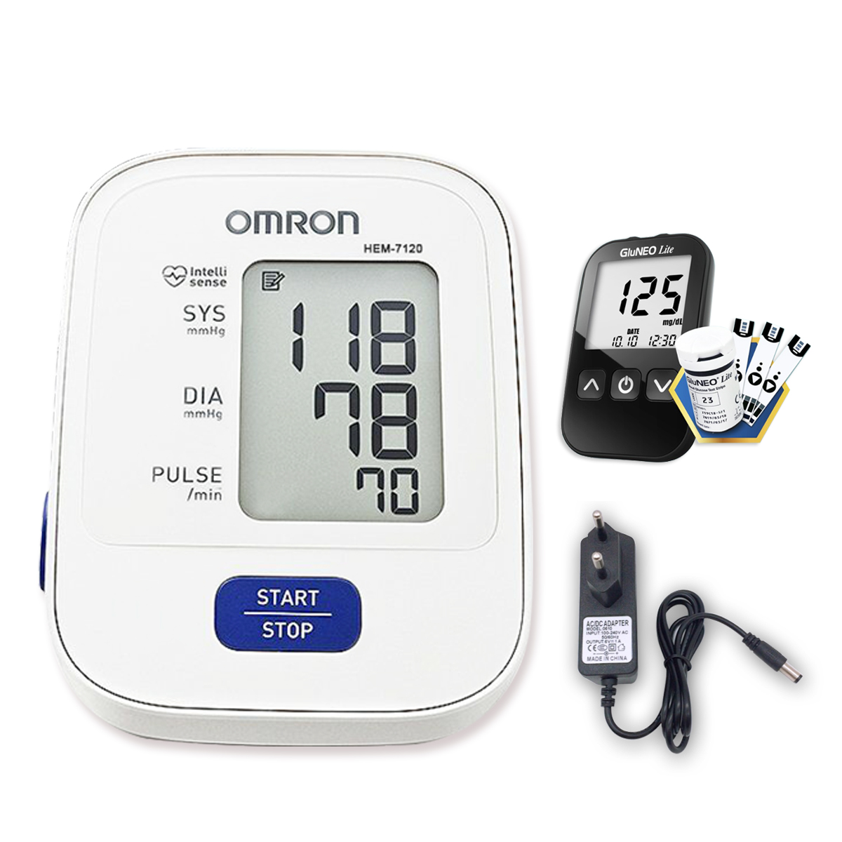 Máy đo huyết áp bắp tay Omron HEM-7120 + Tặng bộ đổi nguồn + Tặng máy đo đường huyết Gluneo Lite Hàn Quốc