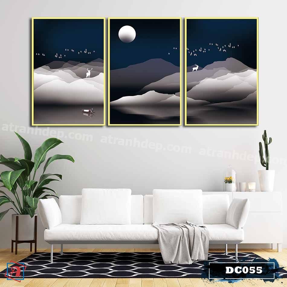 Bộ 3 tranh canvas treo tường Decor họa tiết cách điệu hươu và rừng cây, phong cách đơn giản, tinh tế – DC055