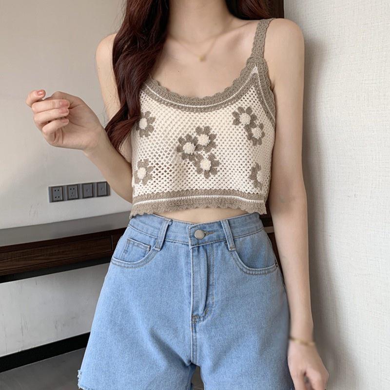 ✚⊕❖Áo Croptop Đan Dệt Kim Hoạ Tiết Hoa Xinh Xắn Thời Trang Mùa Hè Cho Phái Nữ