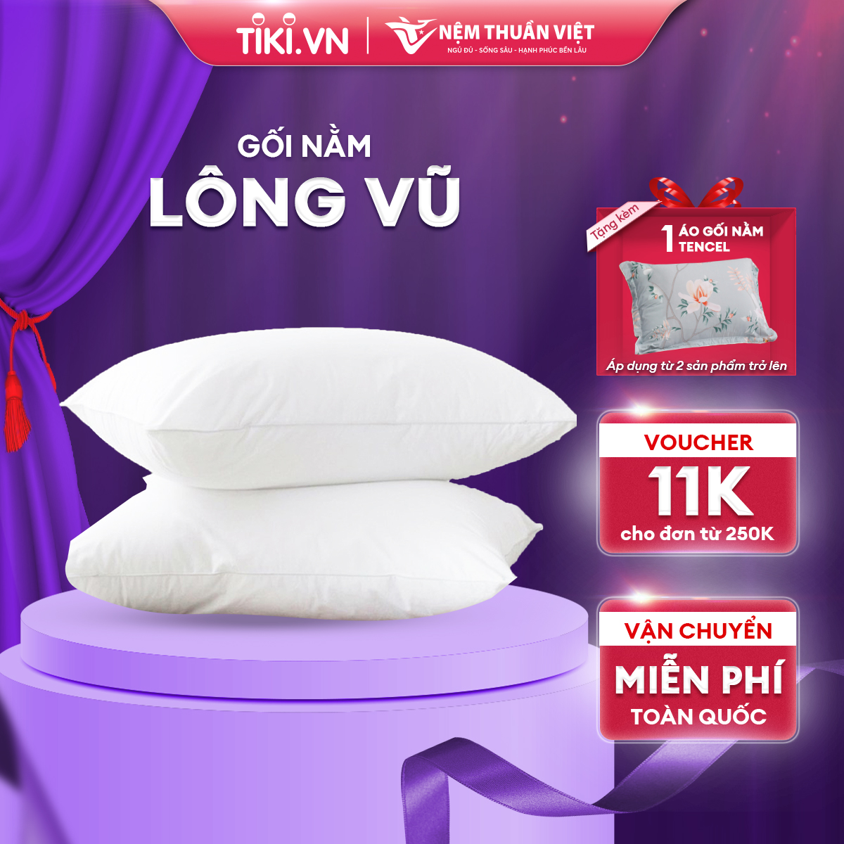 Gối Nằm Lông Vũ Thuần Việt Mircrofiber Cao Cấp 100% Cotton Thoáng Mát, Mềm Mịn, Có Khả Năng Thấm Hút Mồ Hôi Tốt