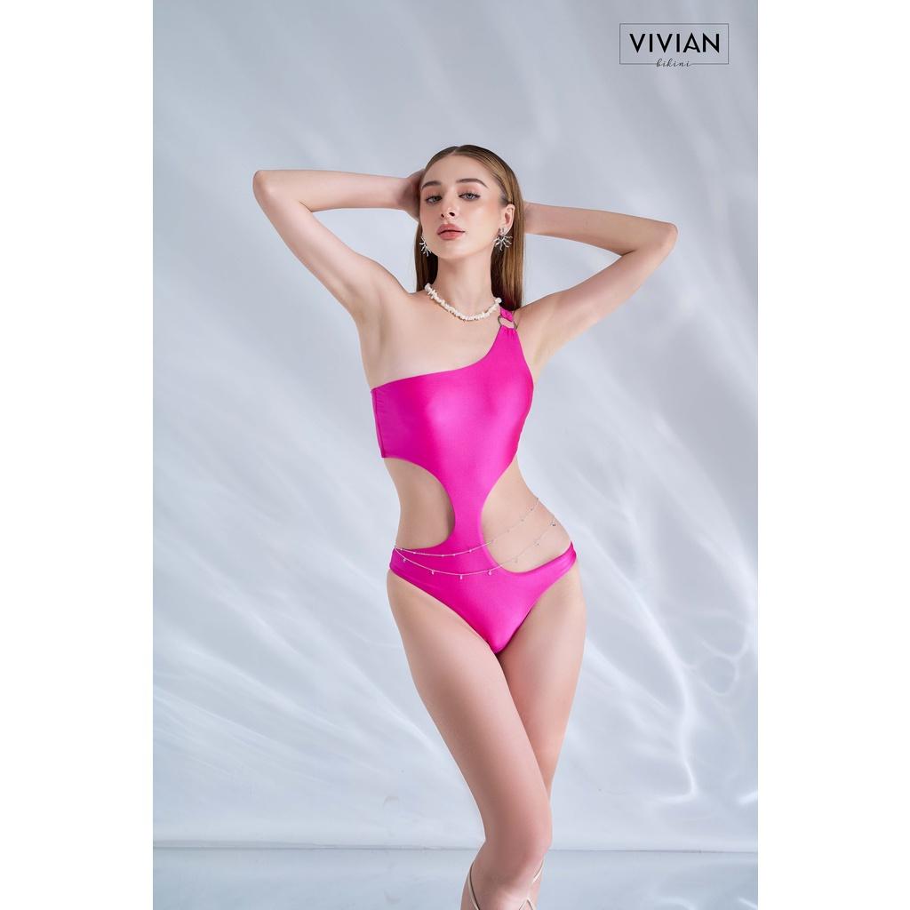 Đồ bơi nữ cao cấp dạng một mảnh lệch vai cutout & phối váy cover cách điệu - Hồng - VS175_PK