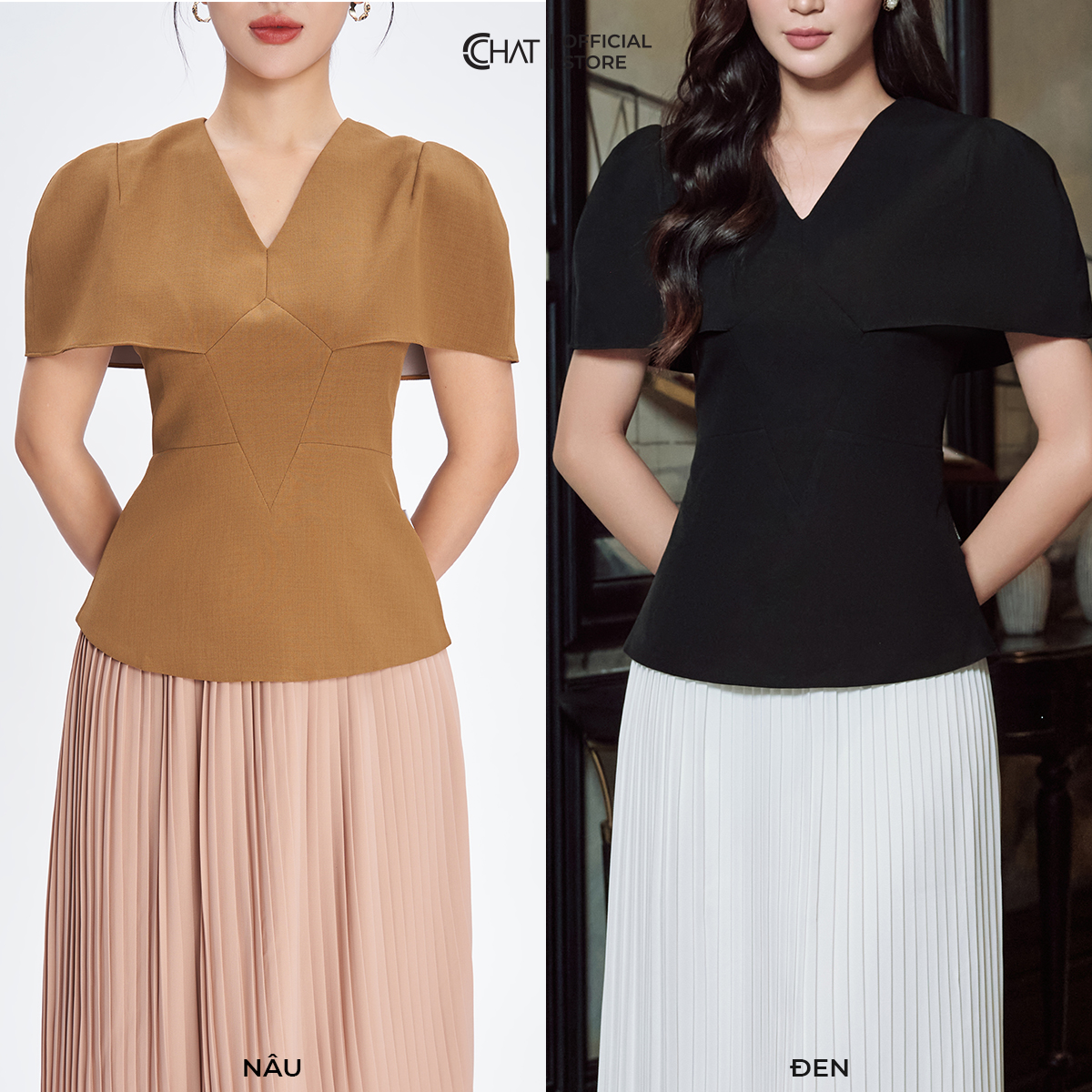 Áo Kiểu Nữ  Dáng Peplum Cổ V Cắt Thân Trước Chất Tuytsi Cao Cấp Mềm Mịn 53ANS2014PT