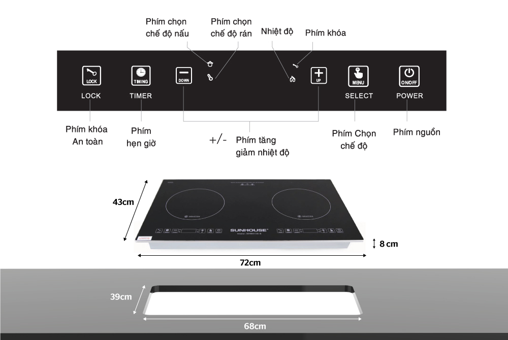 Bếp Đôi Điện Từ Sunhouse SHB9108-S - Hàng chính hãng