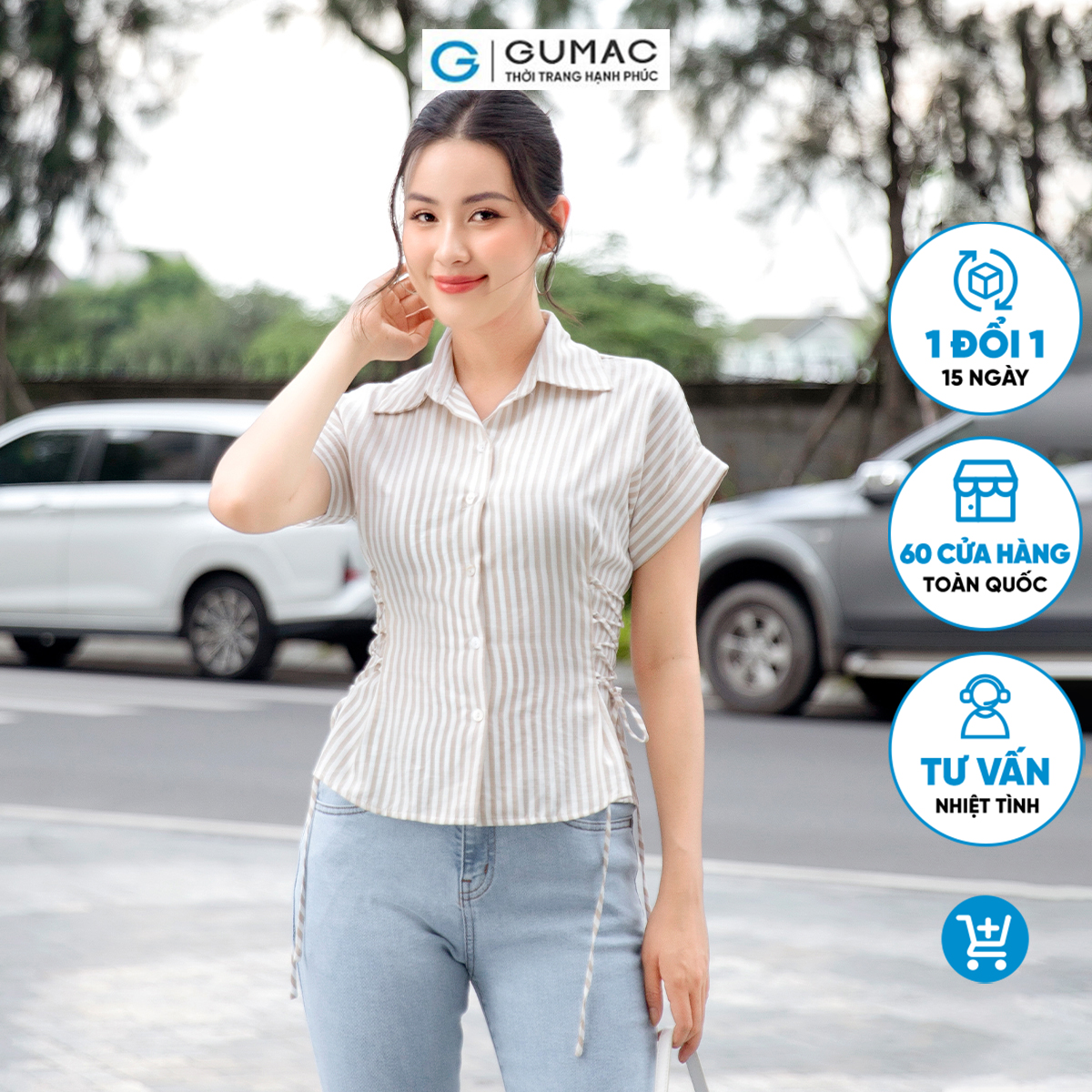 Áo kiểu dây thắt eo vải cotton mềm mát công sở đi tiệc sang trọng thời trang GUMAC AD09001