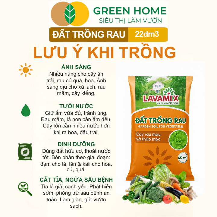 Đất Trồng Rau GreenHome, Bao 22dm3 (11kg), Hữu Cơ, Tiện Lợi, Đầy Đủ Dinh Dưỡng Cho Các Loại Rau, Củ, Quả