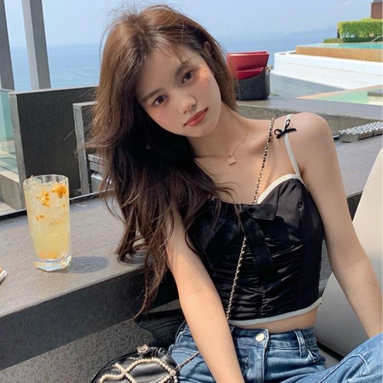 MS625 Áo hai dây nữ kiểu rúm ngực đính nơ croptop