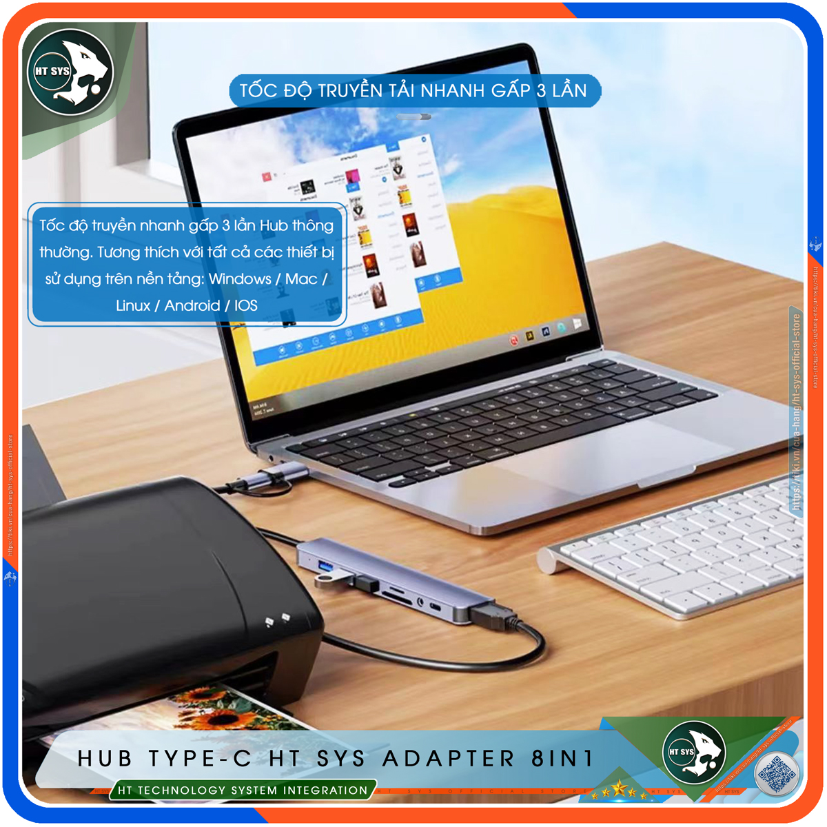 Hub USB 3.0 Và Hub Type C HT SYS Adapter 8in1 - Cổng Chia USB Mở Rộng Kết Nối Tốc Độ Cao Dành Cho Macbook, Laptop, PC - Hub Chuyển Đổi USB Type-C Hỗ Trợ Sạc Pin, Kết Nối Đa Năng ổ Cứng, Bàn Phím, Chuột, Máy In, Ổ Chia USB - Hàng Chính Hãng