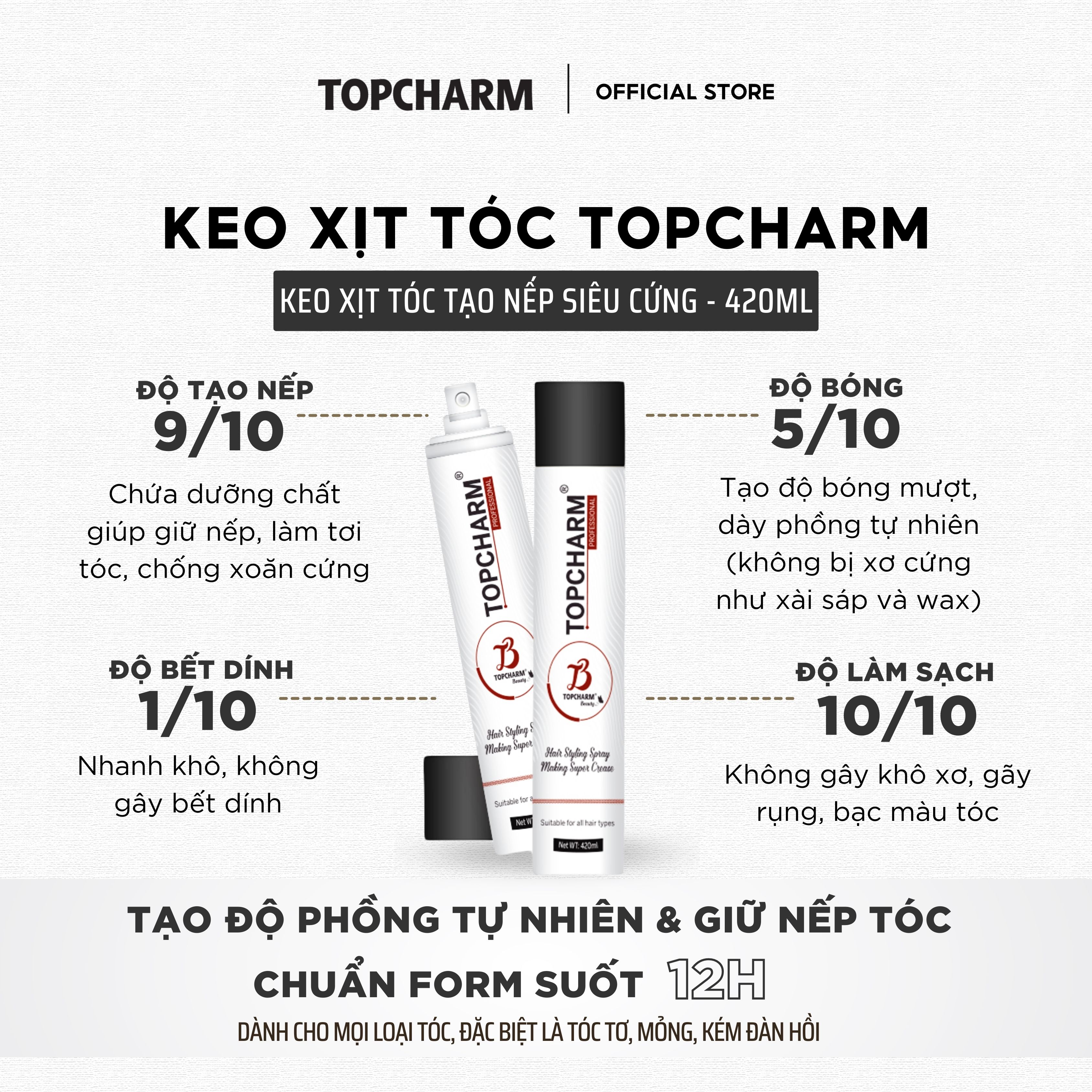 Keo xịt tạo kiểu và giữ nếp tóc siêu cứng cho nam và nữ Topcharm chính hãng